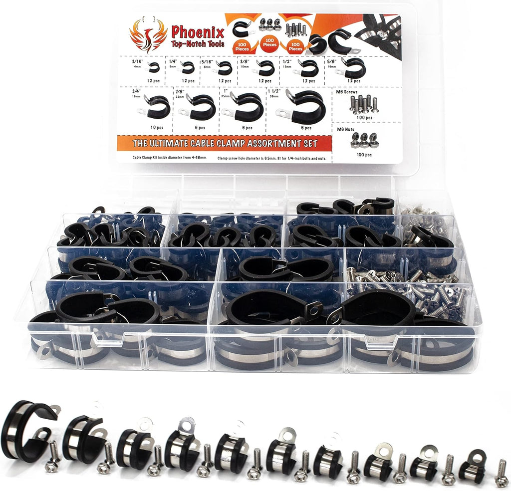 100pcs 304 Stainless Steel Rubber Insulated Cable Clamps and Hose Clamp 10 Sizes U659