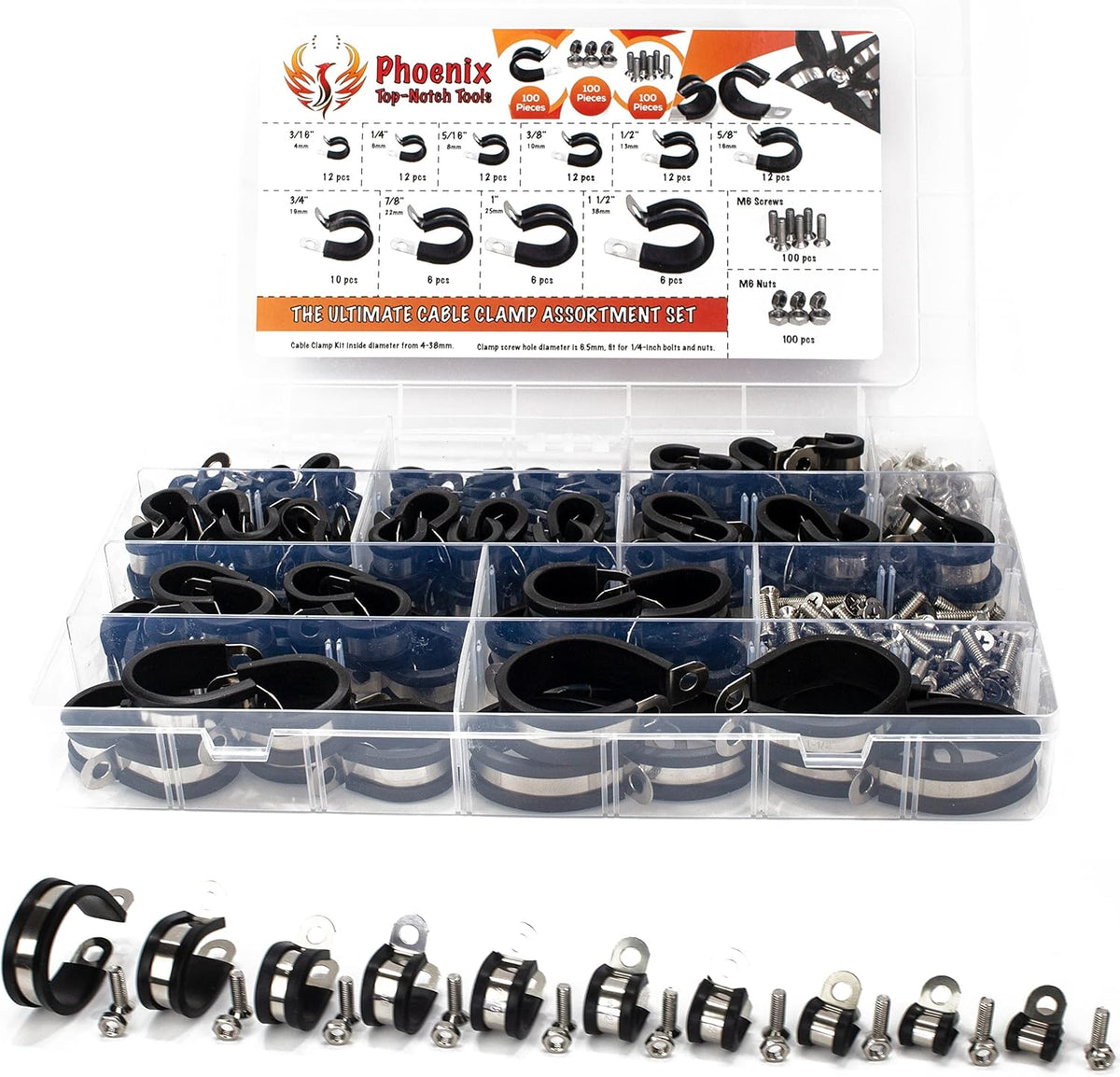 100pcs 304 Stainless Steel Rubber Insulated Cable Clamps and Hose Clamp 10 Sizes U659