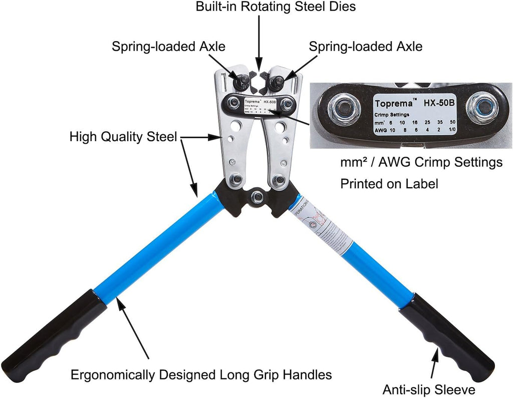 Wire Terminal Crimping Tool Cable Lug Crimper Hand Plier (10, 8, 6, 4, 2, 1/0 AWG Settings) Pack of 2 O226237