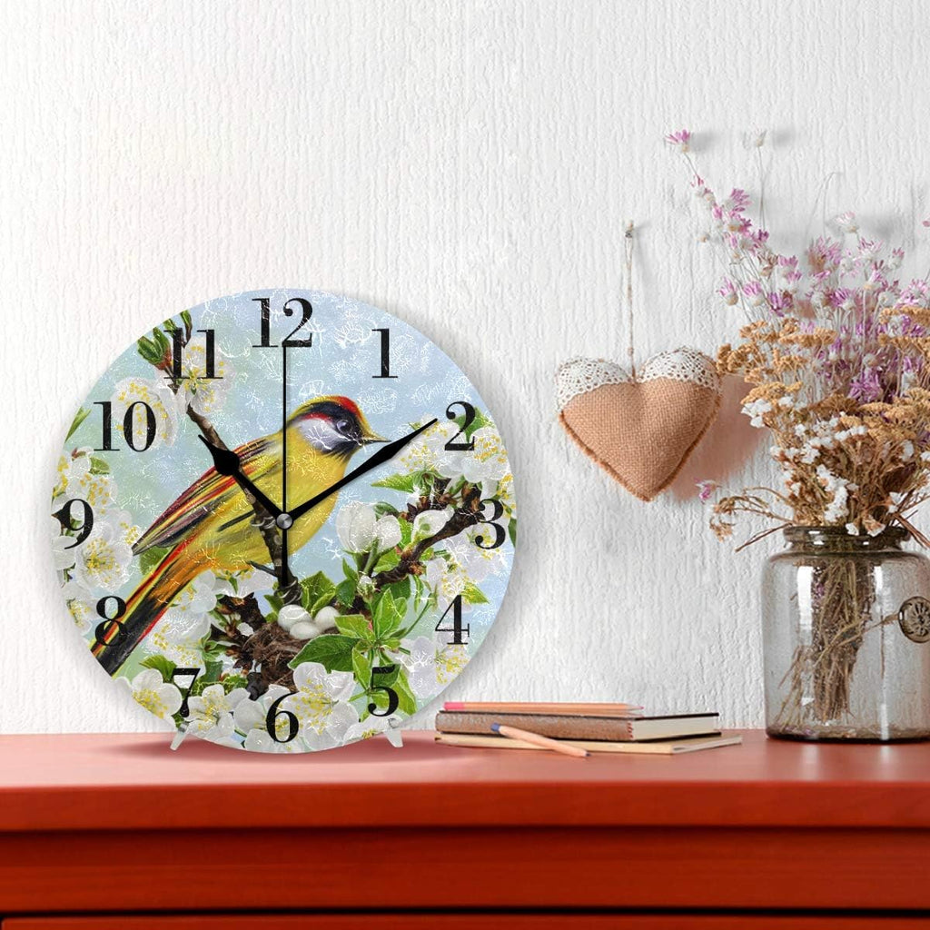 Yellow Bird Cherry Blossoms 9.8 Inch Silent Round Wall Clock W9769