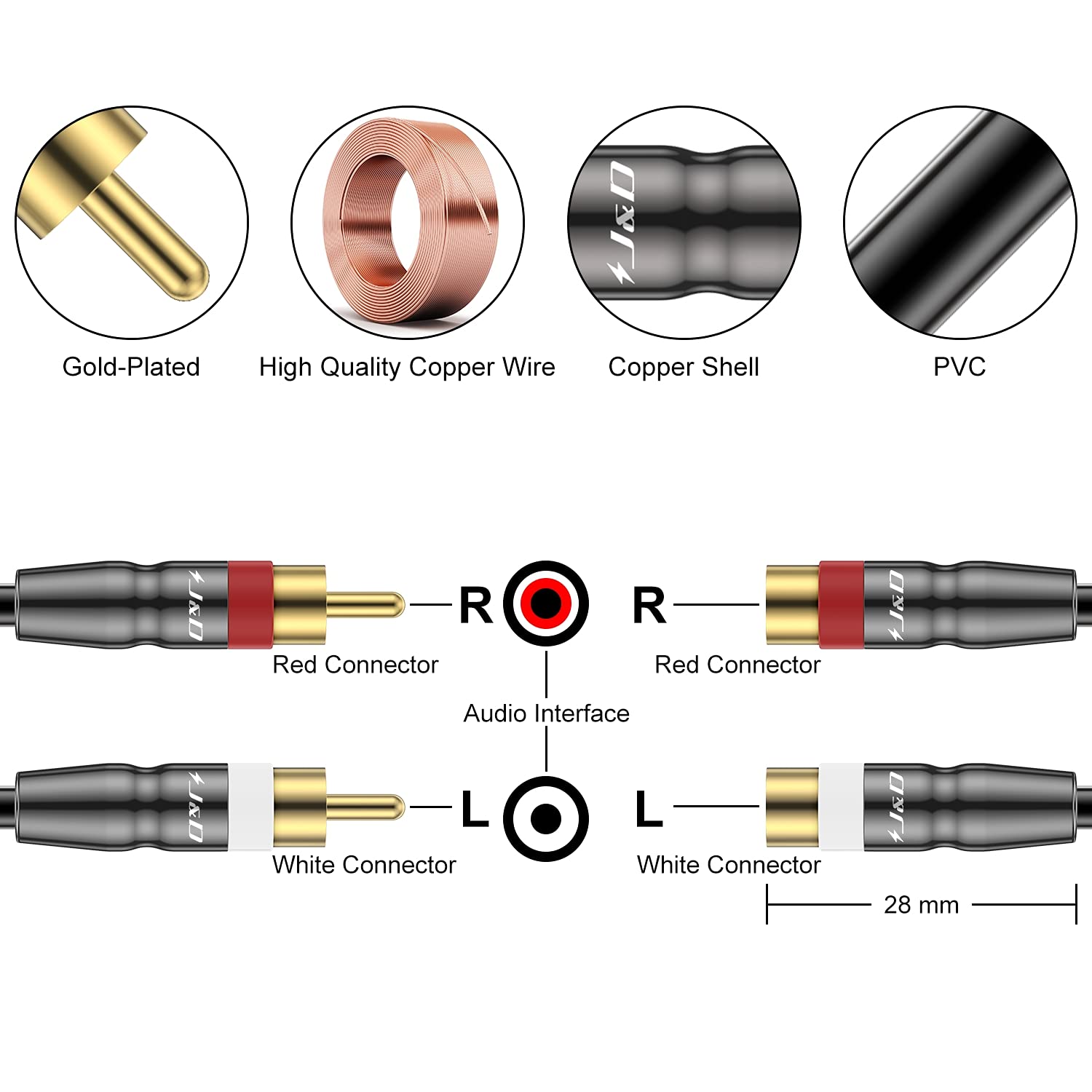 2 RCA Extension Cable Male to Female, Copper Shell Gold-Plated, 6 Feet Y678479