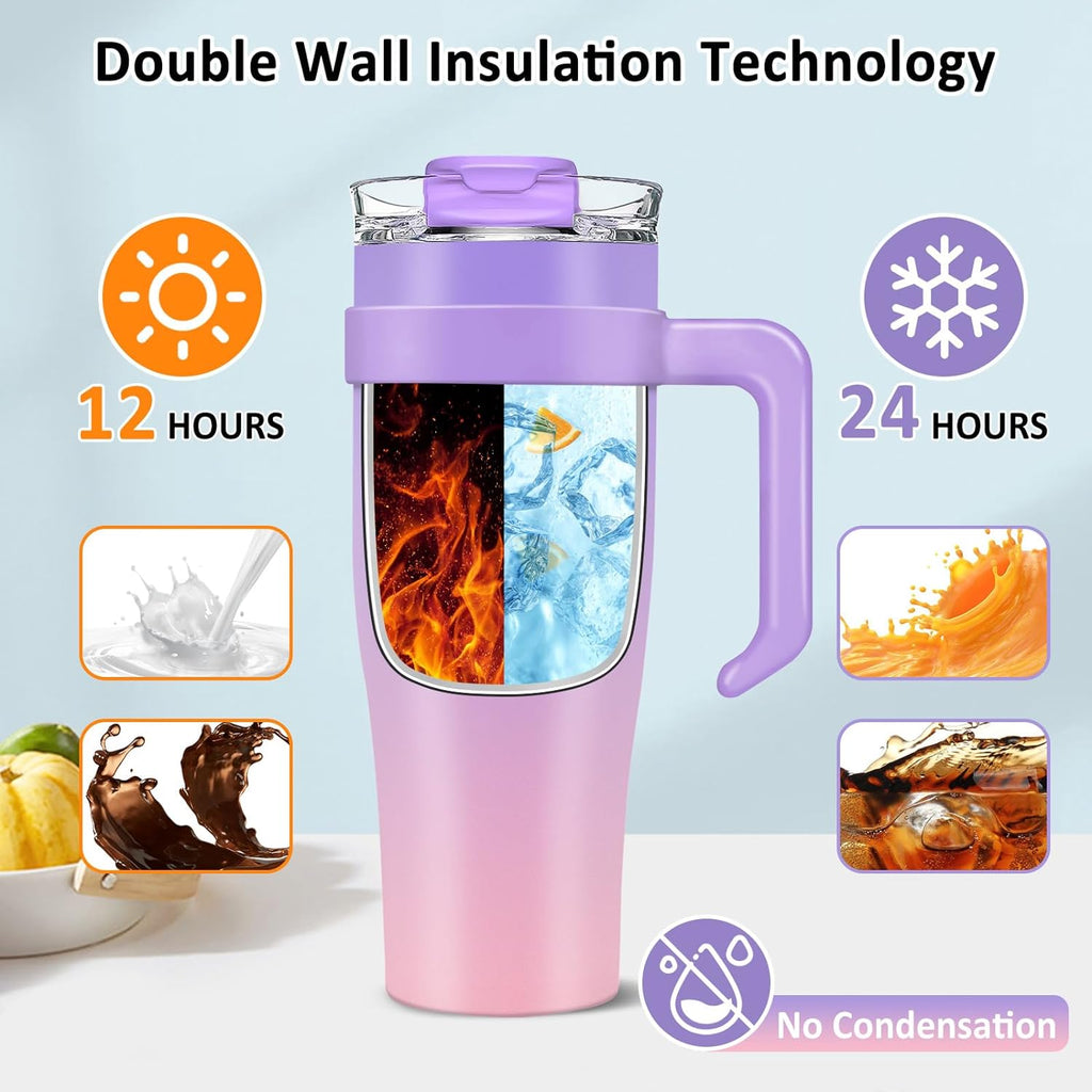40 oz Stainless Steel Double Wall Vacuum Insulated Tumbler with Handle and Flip Straw Lid A101356