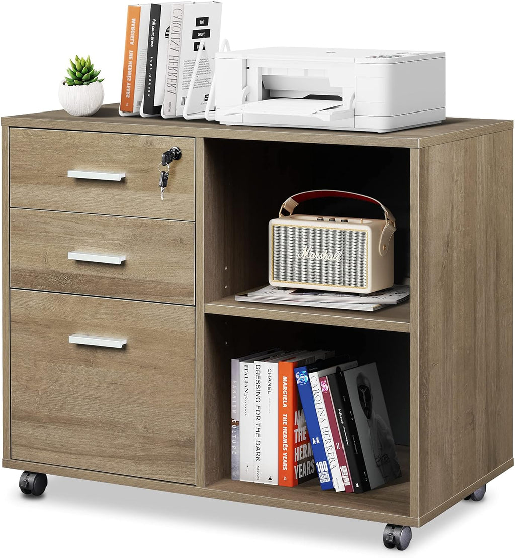 Gray Oak 3-Drawer Wood Mobile Lateral Filing Cabinet with Lock P9292