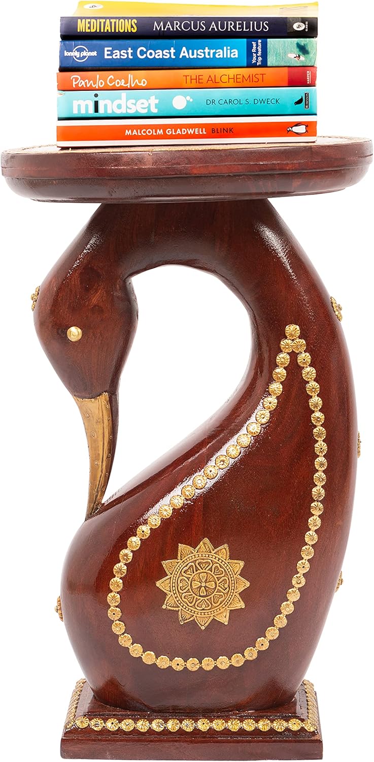 Hand Carved Wooden Elephant Side Table with Brass Accents F22020