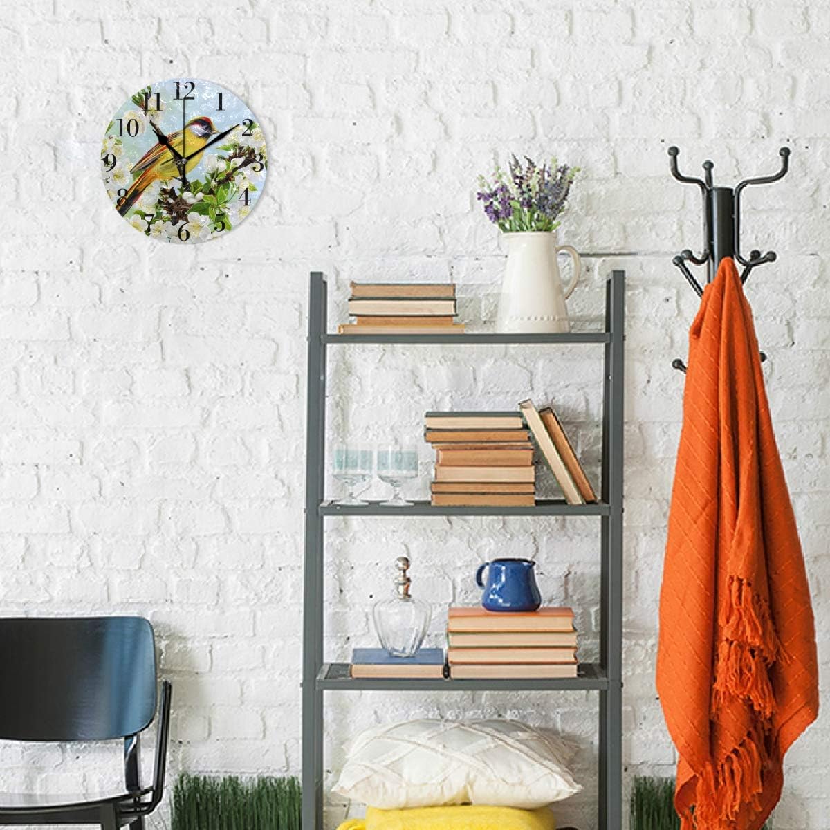 Yellow Bird Cherry Blossoms 9.8 Inch Silent Round Wall Clock W9769