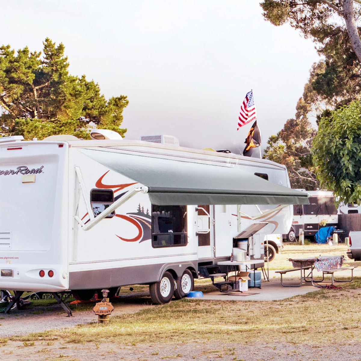White Motorized Retractable RV Awning Full Set Assemblies 12x8 Ft Black Fade F75211