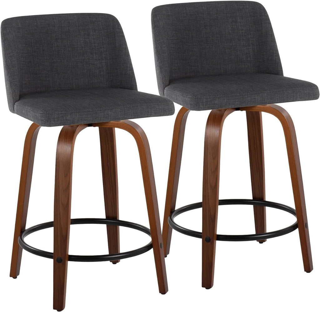 24" Counter Stool With Swivel In Walnut Wood And Charcoal Fabric - Set Of 2 A75985
