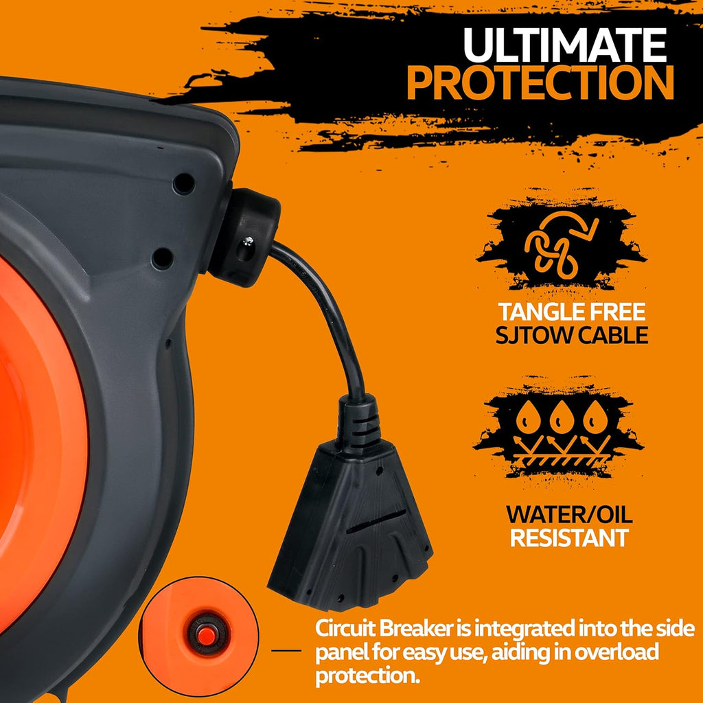 Retractable Extension Cord Reel 16AWG x 50' Feet Industrial Polypropylene Ultra Heavy Duty 3C SJTOW Commercial Ultra Flexible Cable Triple Tap Connector R339284