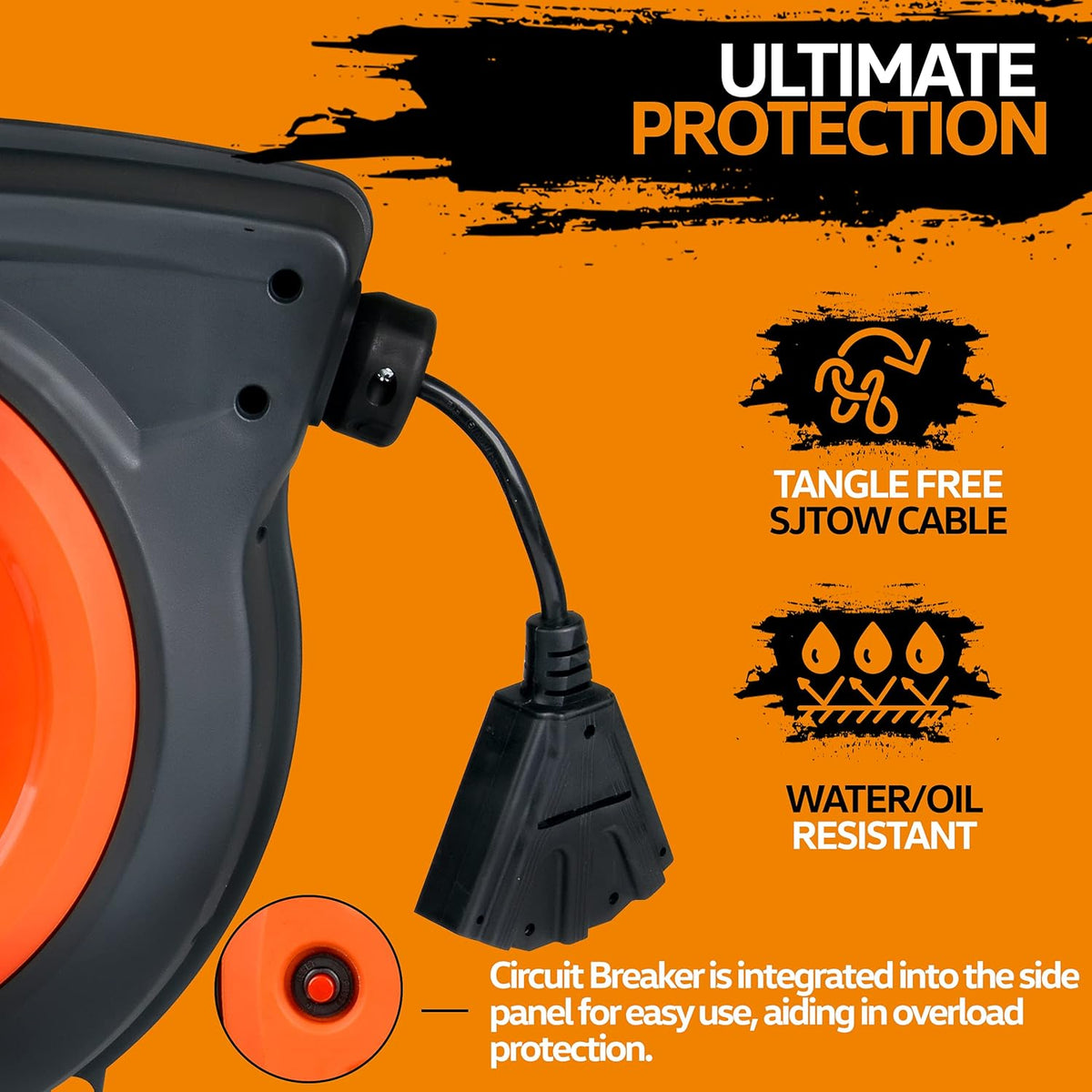 Retractable Extension Cord Reel 16AWG x 50' Feet Industrial Polypropylene Ultra Heavy Duty 3C SJTOW Commercial Ultra Flexible Cable Triple Tap Connector R339284