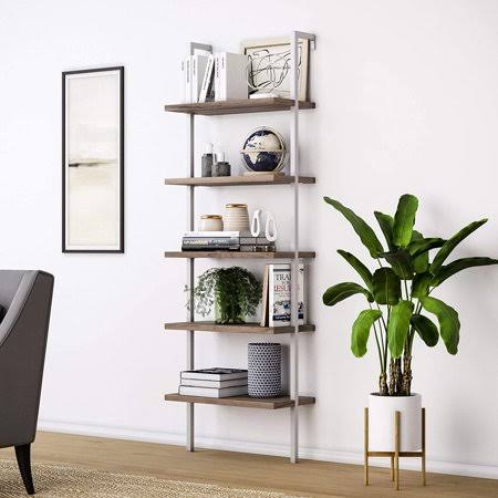 Walnut 5-Shelf Wood Ladder Bookcase with Metal Frame O662