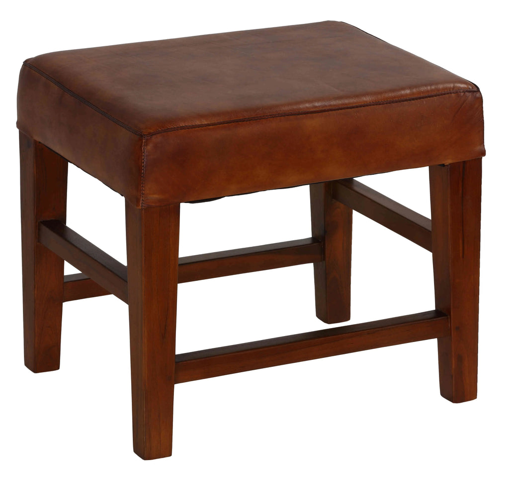 Genuine Leather Ottoman with Solid Teak Wood Legs, Brown O965