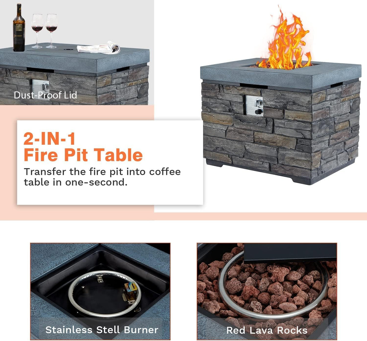 32 Propane Fire Pit Table with Lava Rocks and Rain Cover O996