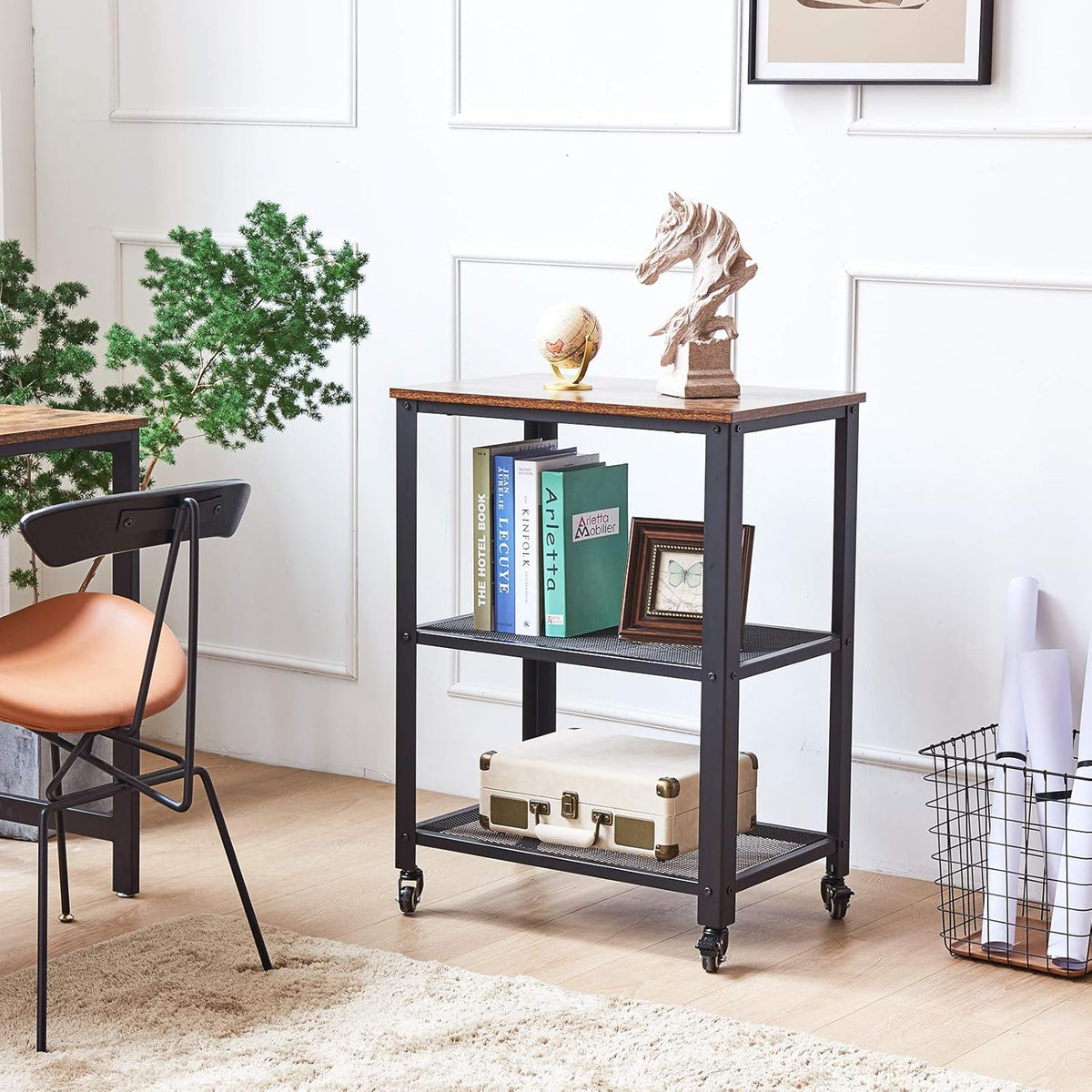 Industrial 3-Tier Rolling Utility Cart, Rustic Brown I566