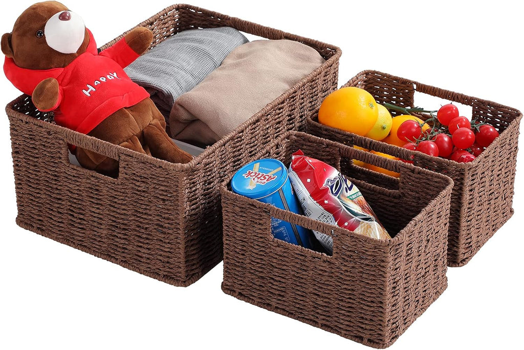 Black Woven Storage Baskets with Handles, Set of 3 V488