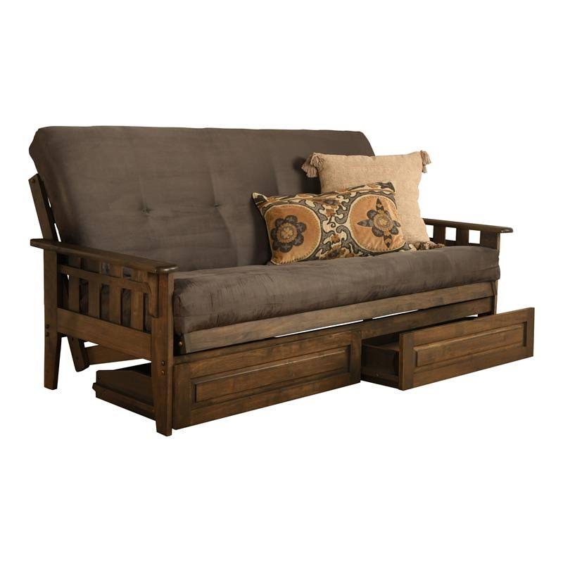 Rustic Walnut Finish Full Futon with Suede Gray Mattress and Storage Drawers K647235