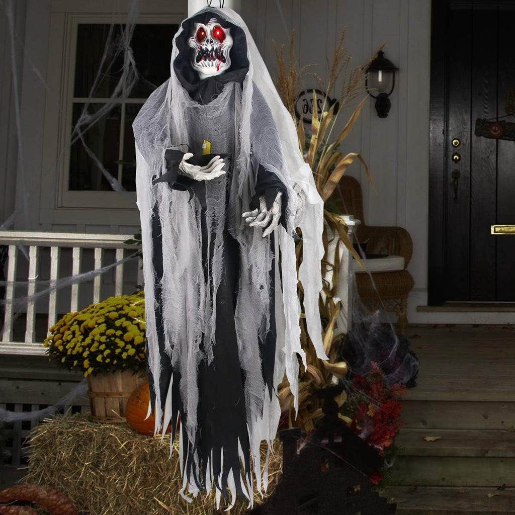 Halloween Hanging Ghost Prop, 5.5 Ft, LED Glowing Eyes, Detachable Bendable Arms, Pack of 2 M3532