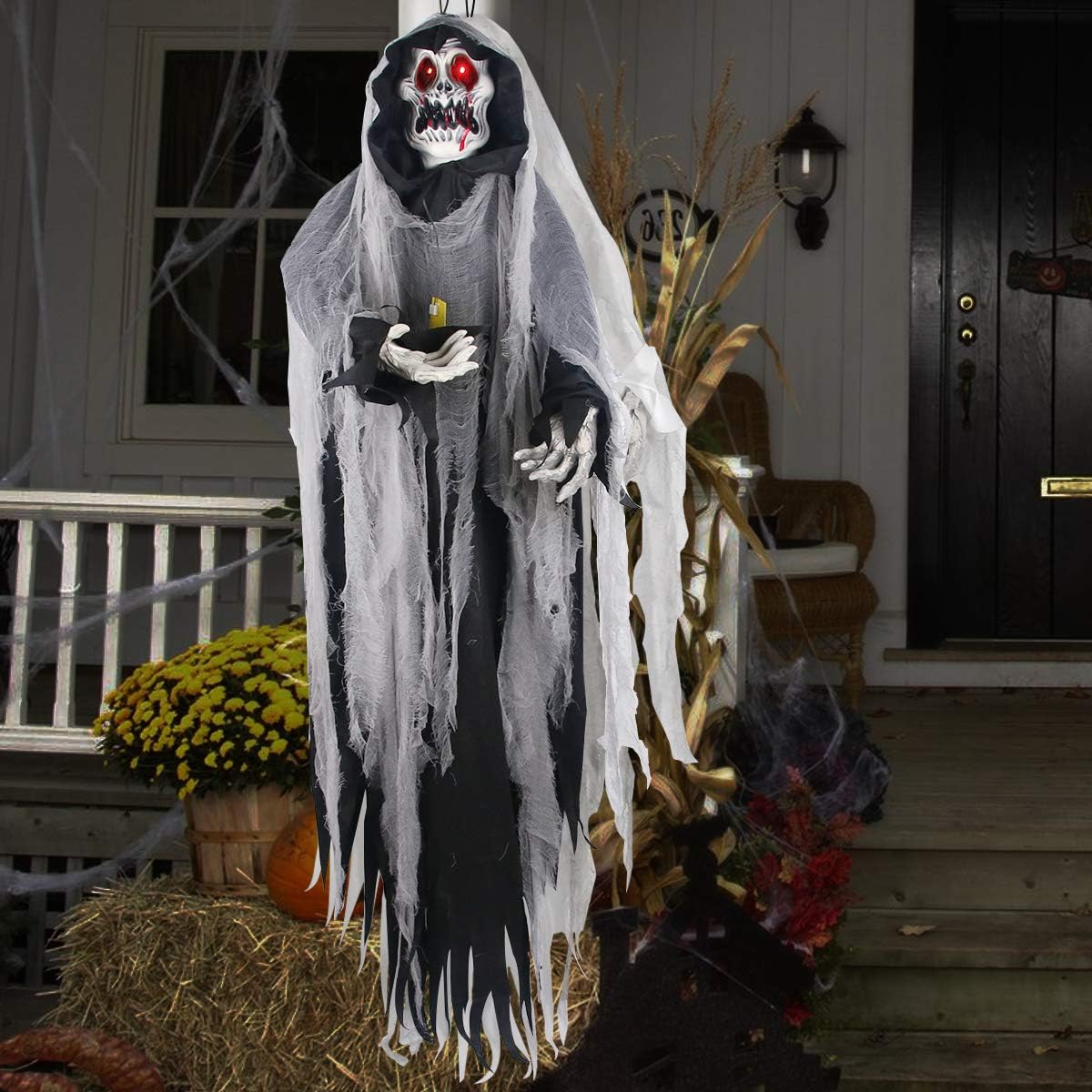 Halloween Hanging Ghost Prop, 5.5 Ft, LED Glowing Eyes, Detachable Bendable Arms, Pack of 2 M3532