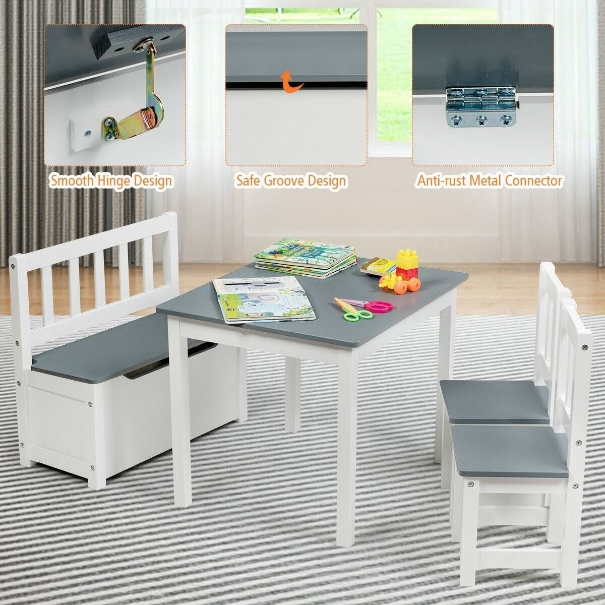 4 Pcs Kids Wood Table Chairs Set Gray C87155