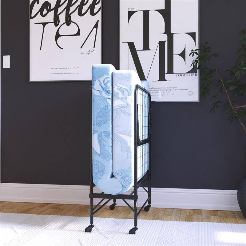 Twin Size Folding Guest Bed with Metal Frame and 5 inch Mattress in Black V5438