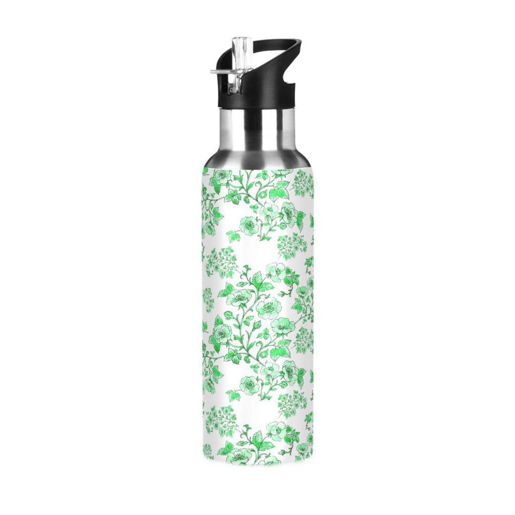Green Peony Floral Stainless Steel Insulated Water Bottle with Straw Lid U6597