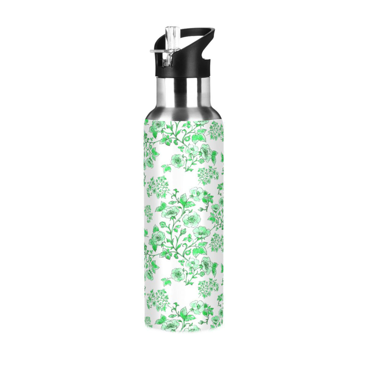 Green Peony Floral Stainless Steel Insulated Water Bottle with Straw Lid U6597