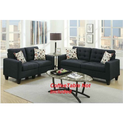 2pc Black Polyfiber Tufted Sofa Loveseat Set E335