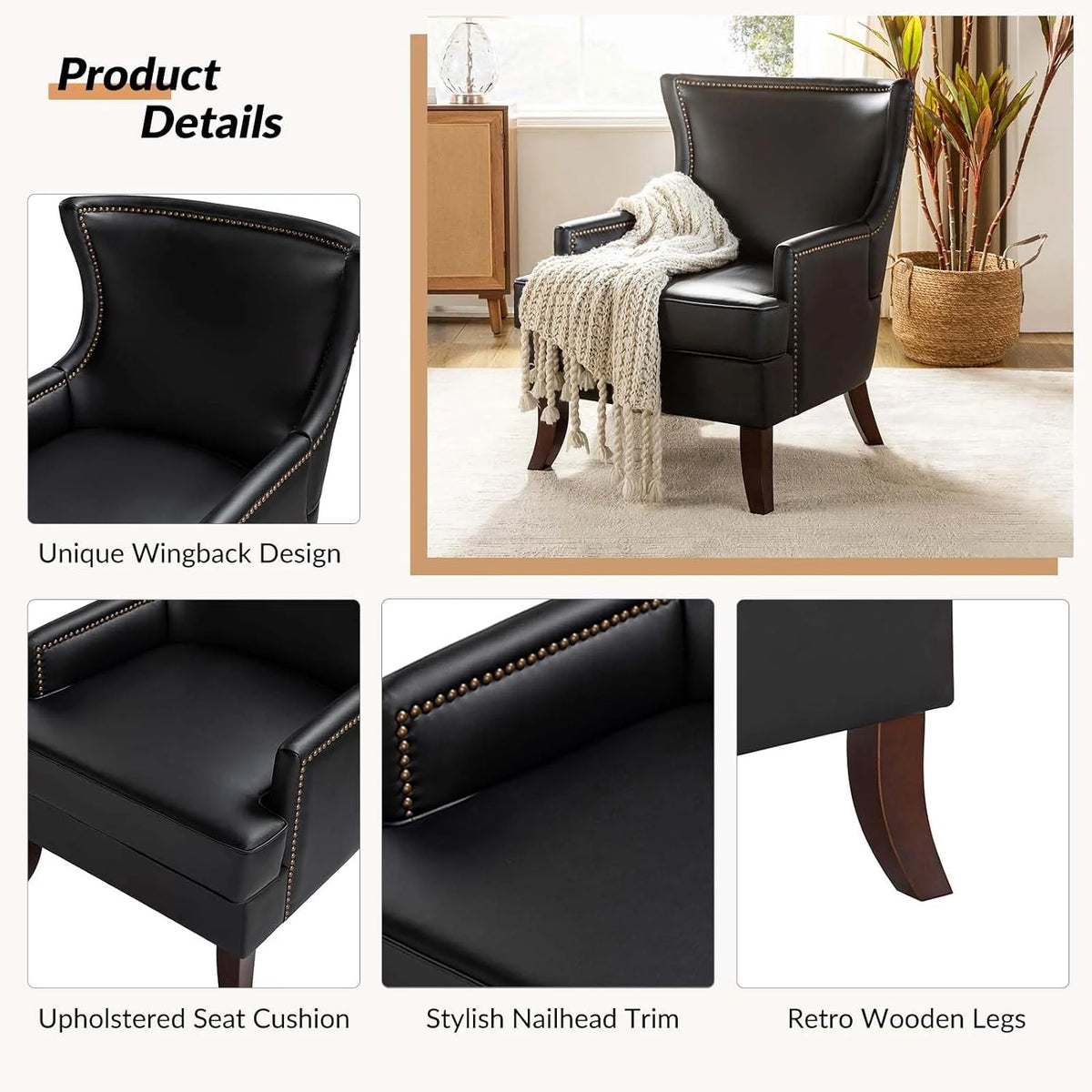 Black Faux Leather Wingback Accent Chair with Nailhead Trim K329
