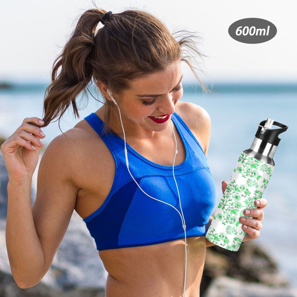 Green Peony Floral Stainless Steel Insulated Water Bottle with Straw Lid U6597