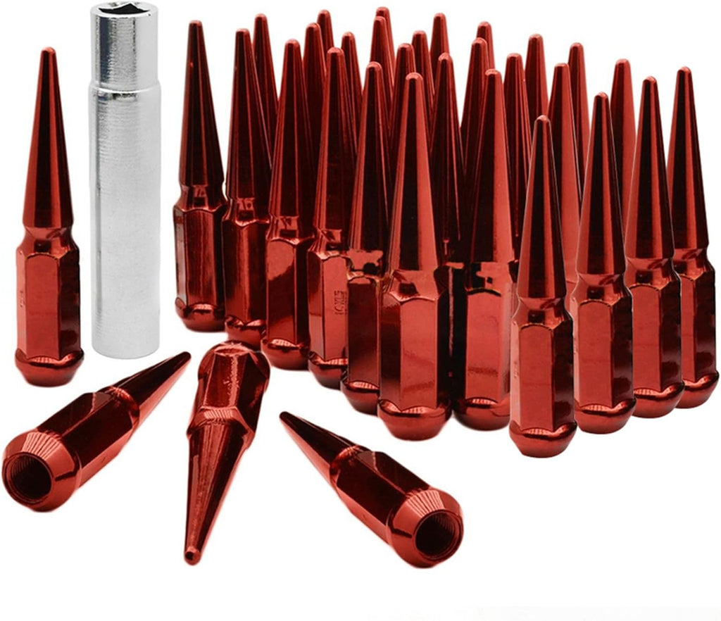 32pc Spike Lug Nut 14x2 Red 4.4 Tall Extended Metal Lugs W1000