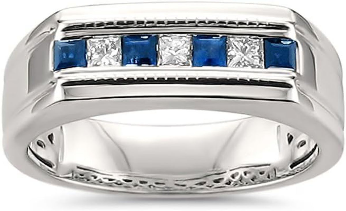 2.20 Ct Princess Cut Blue Sapphire & Diamond 14K White Gold Plated 925 Sterling Silver Ring X35429