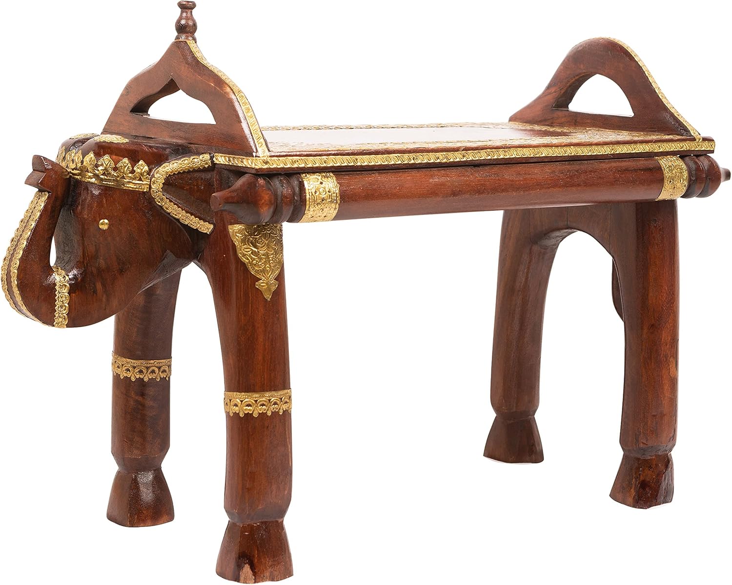 Hand Carved Wooden Elephant Side Table with Brass Accents F22020