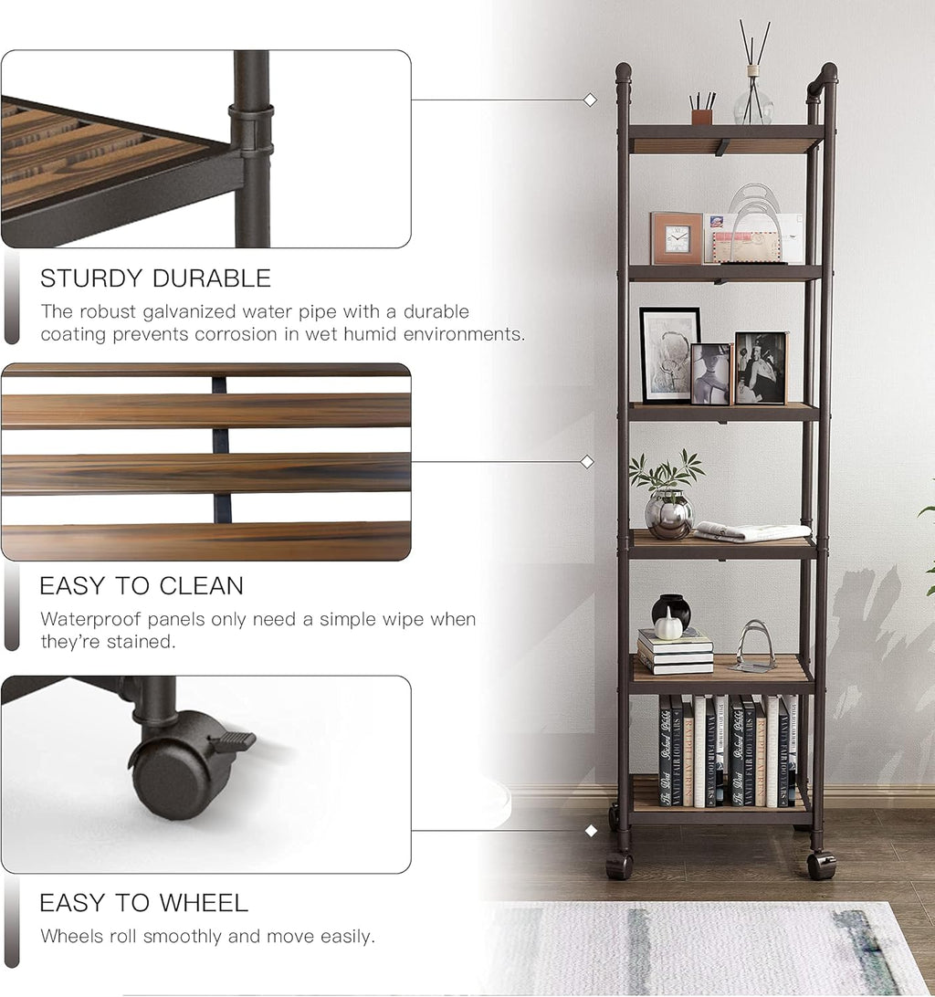 6-Tier Rolling Storage Cart with Metal Frames, Rustic Brown H831363