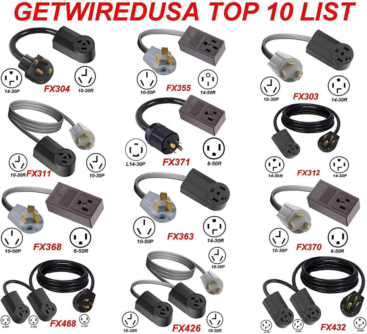 10-50P 3-Pin Male 220/250V 50A Plug To 14-50R Female 4-Prong Receptacle Adapter G62655