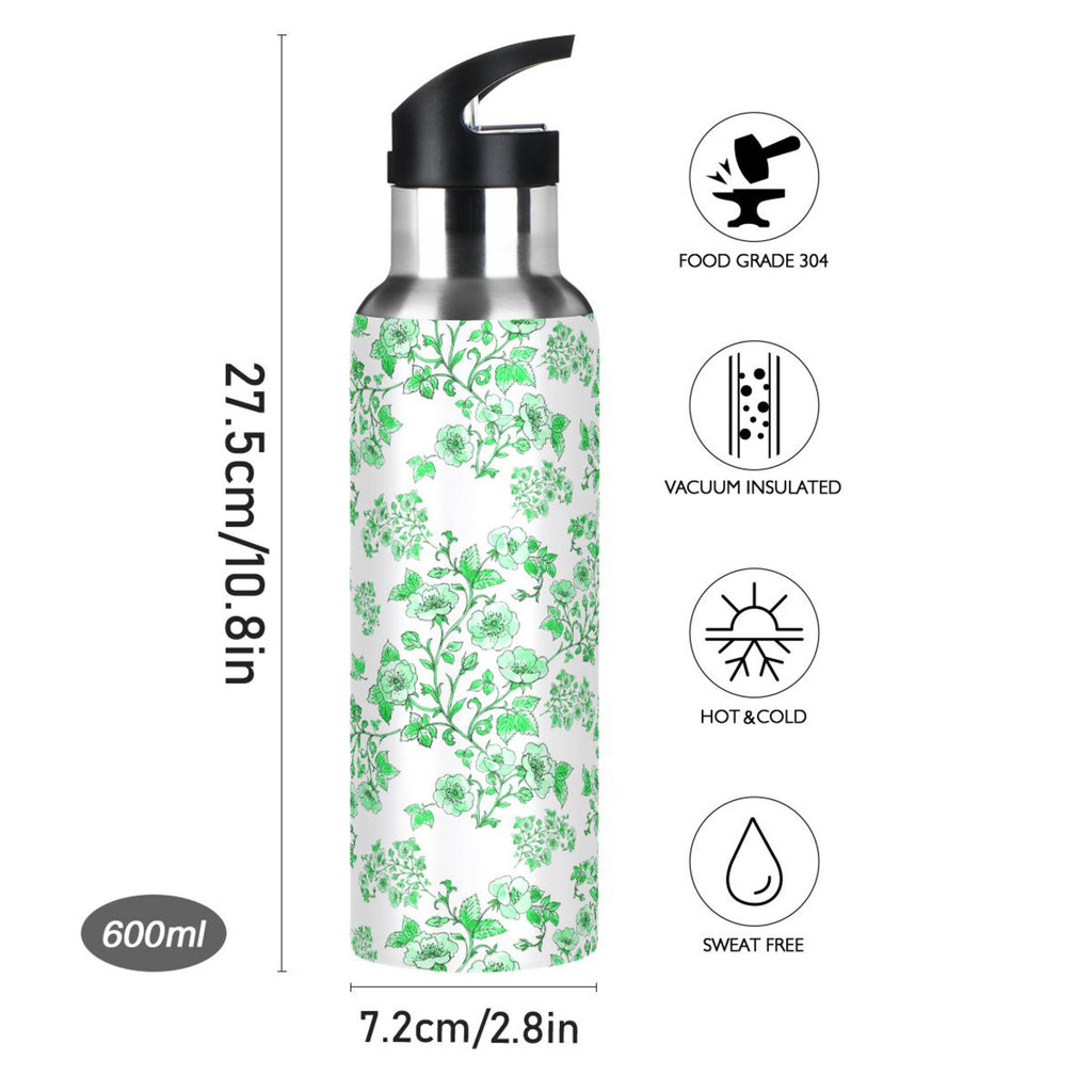 Green Peony Floral Stainless Steel Insulated Water Bottle with Straw Lid U6597