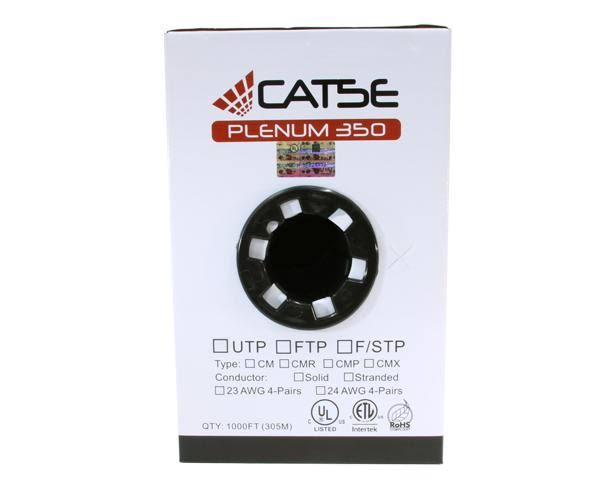 Cat5e Plenum Bulk Ethernet Cable, Cmp UL Listed, Solid Copper UTP, 24 AWG 1000ft White J636982