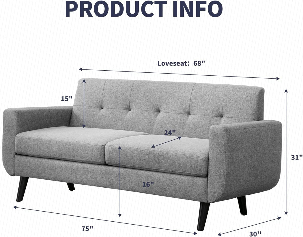 68" Futon Sofa 2-Seat Loveseat with Cushion, Light Gray R581