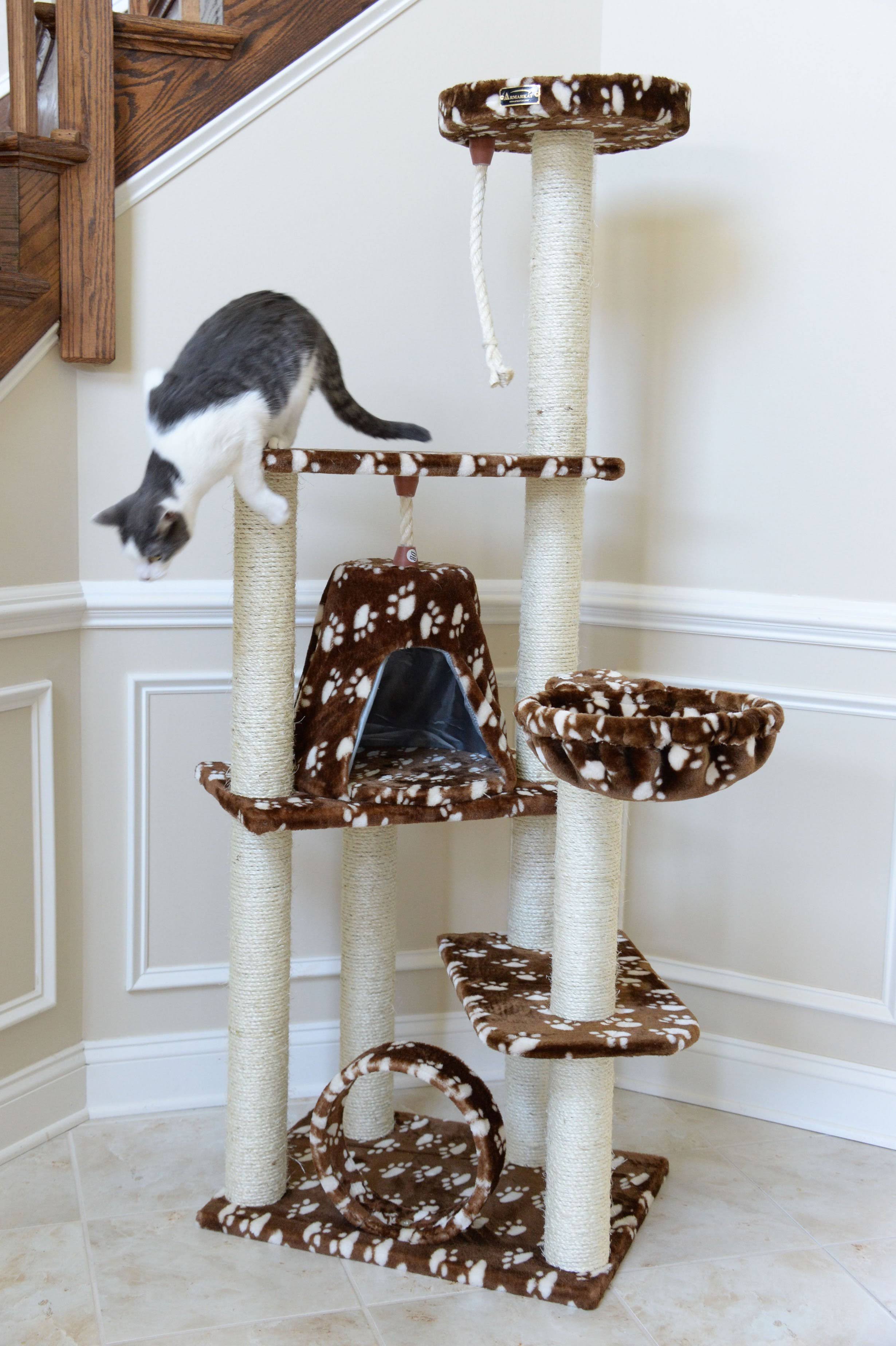 Saddle Brown/White Paw Print Cat Tree I513