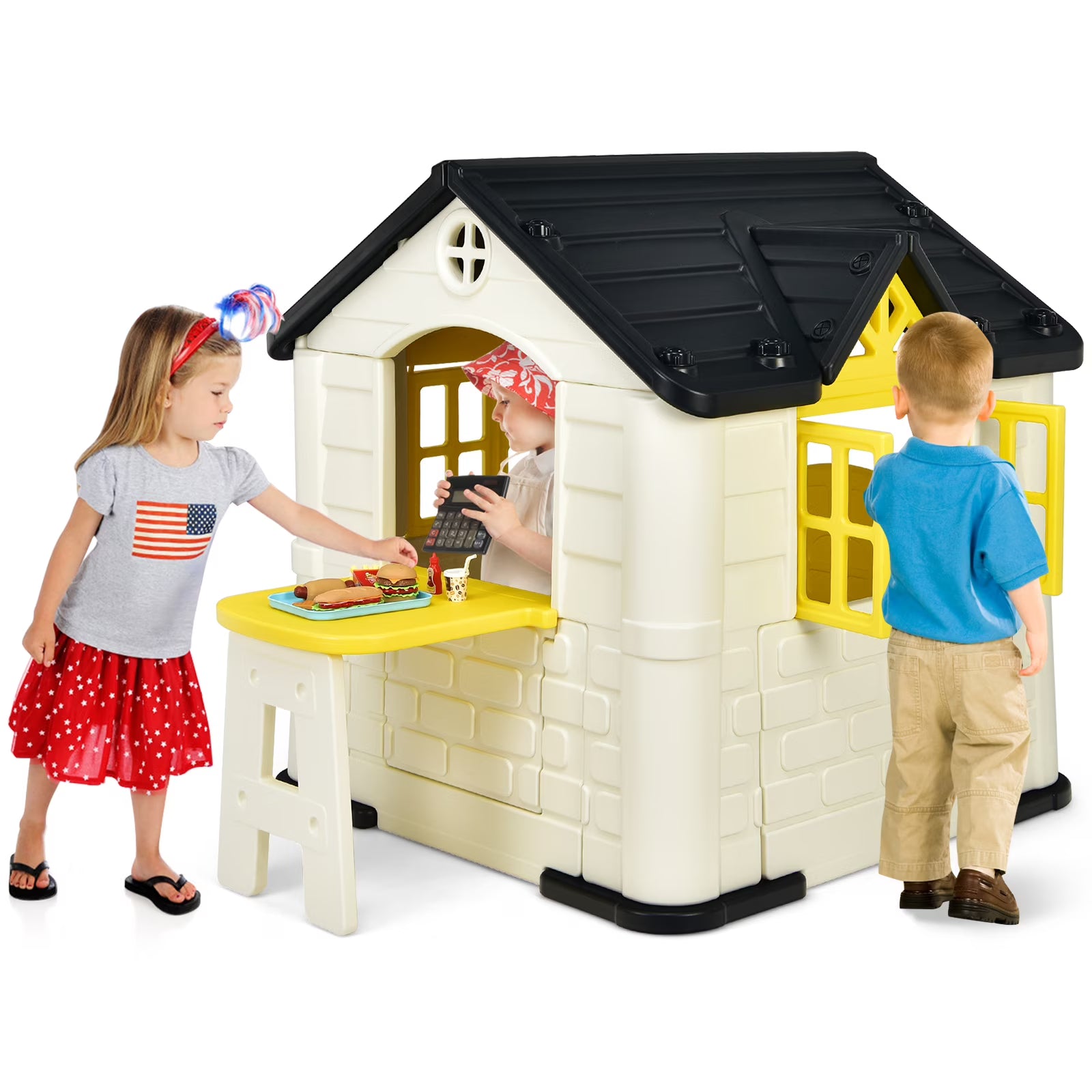 Yellow Playhouse Games Cottage with 7 PCS Toy Set and Waterproof Cover Y276112