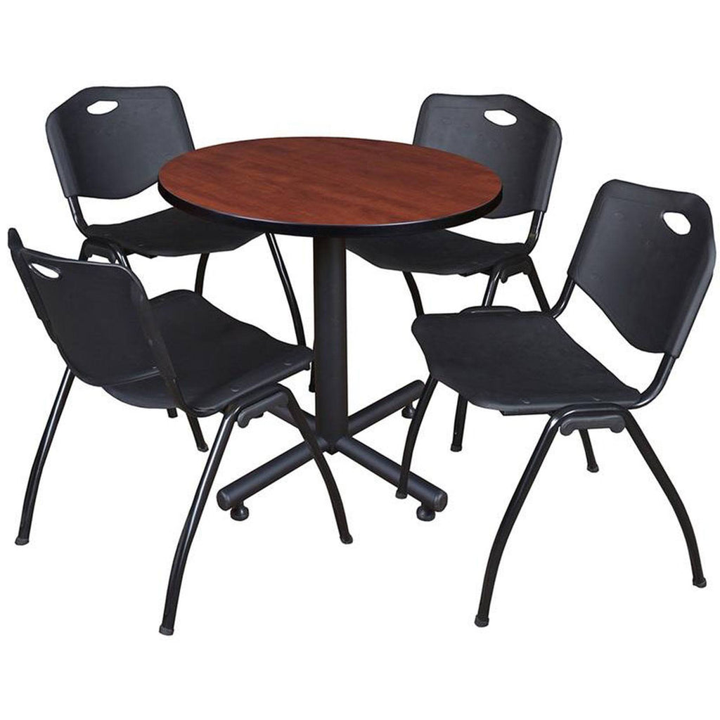Cherry Round Breakroom Table with 4 Black Stack Chairs J828280