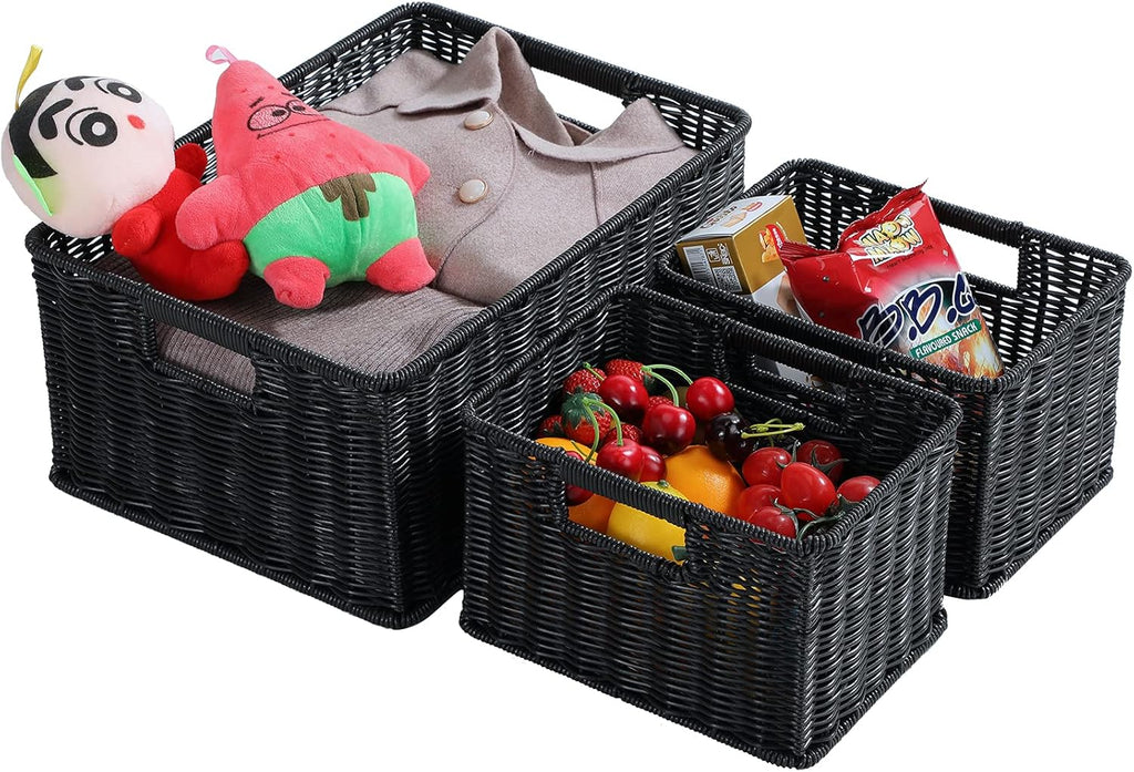 Black Woven Storage Baskets with Handles, Set of 3 V488