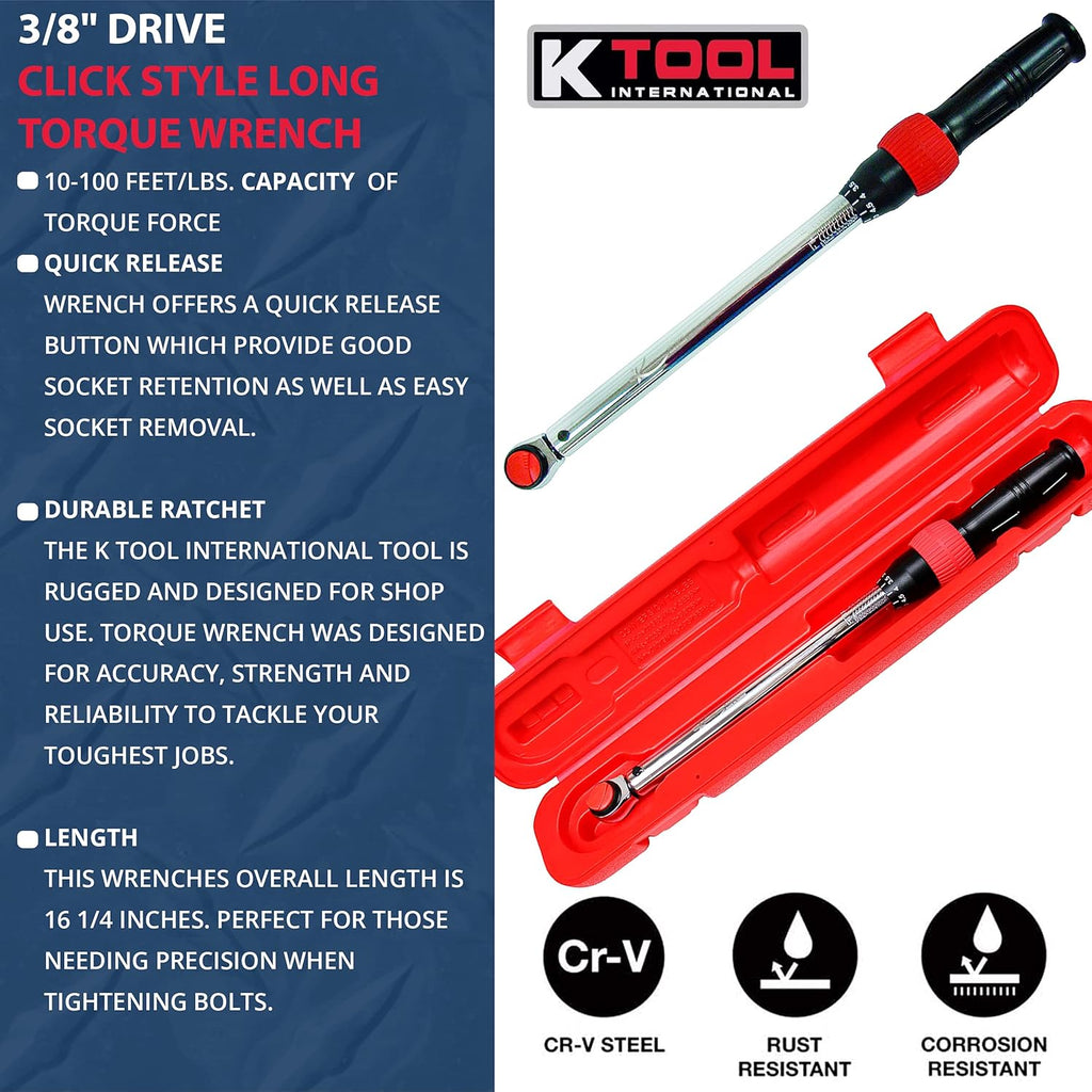 3/8" Drive Click Style Long Torque Wrench, 10-100 feet/lbs. Capacity, 16-1/4" Long, Pack of 2 V61311