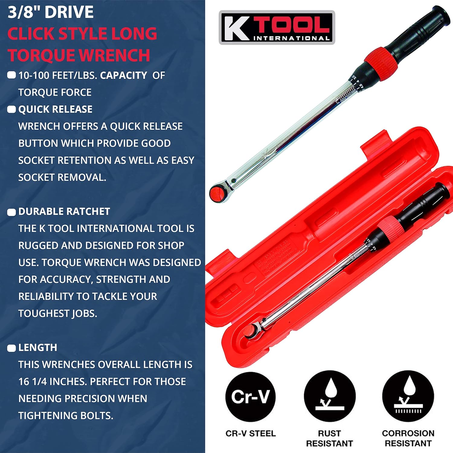 3/8" Drive Click Style Long Torque Wrench, 10-100 feet/lbs. Capacity, 16-1/4" Long, Pack of 2 V61311