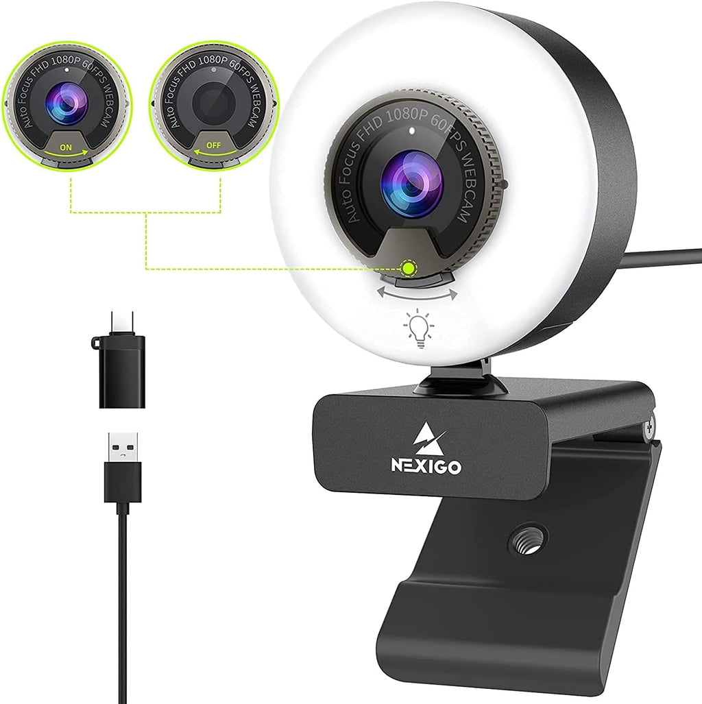 1080P 60FPS Webcam with Light, Fast AutoFocus, Built-in Privacy Cover, Dual Stereo Microphone, Pack of 2 P4687