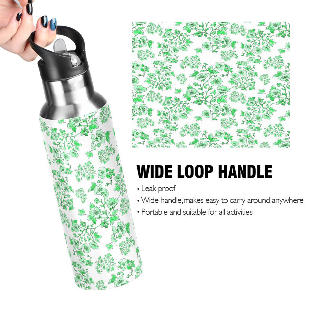 Green Peony Floral Stainless Steel Insulated Water Bottle with Straw Lid U6597