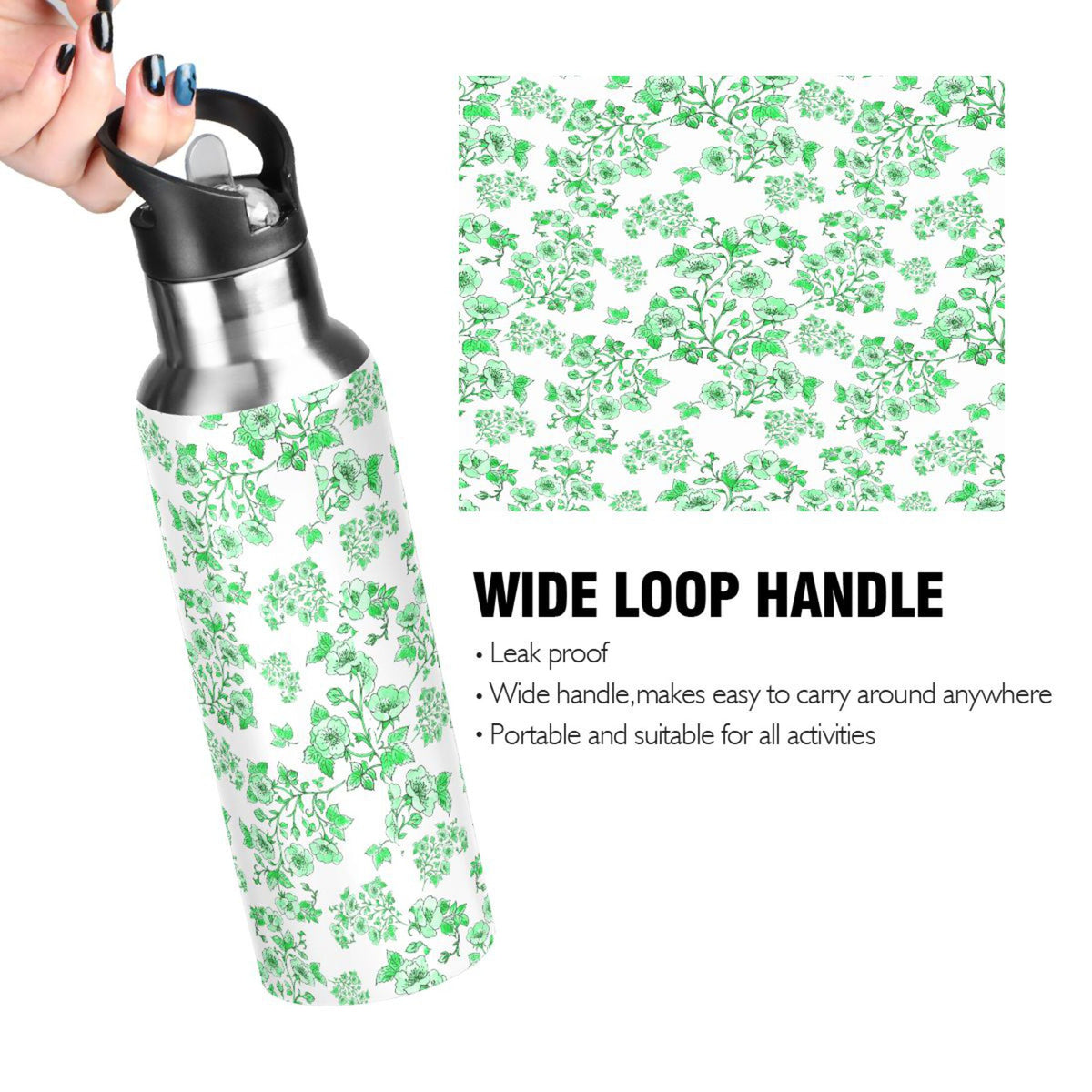 Green Peony Floral Stainless Steel Insulated Water Bottle with Straw Lid U6597
