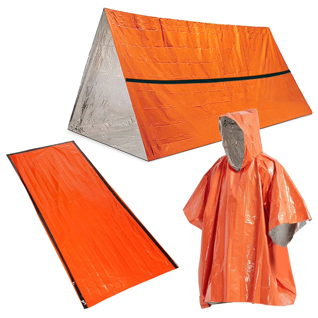 Waterproof Heat Reflective Thermal Poncho Raincoat with Sleeping Bag and Tent Shelter O89734