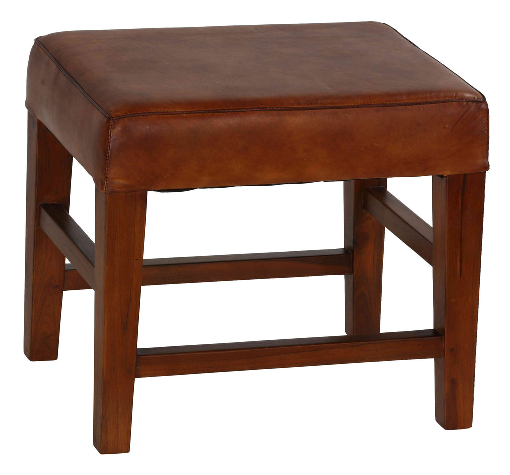 Genuine Leather Ottoman with Solid Teak Wood Legs, Brown O965