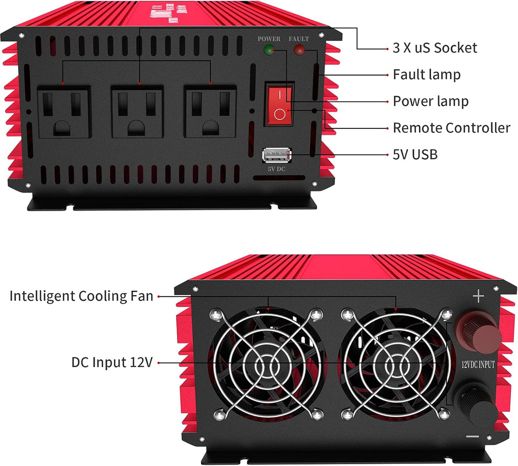 2000 Watt Power Inverter with 2.4A USB Ports 3 AC Outlets W966