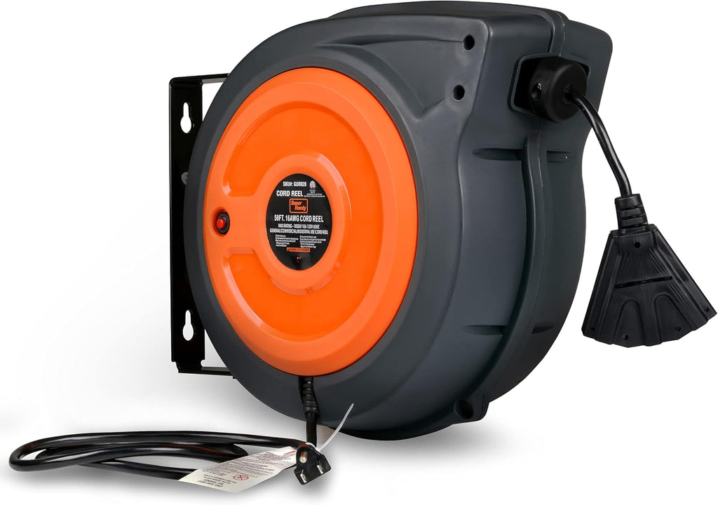 Retractable Extension Cord Reel 16AWG x 50' Feet Industrial Polypropylene Ultra Heavy Duty 3C SJTOW Commercial Ultra Flexible Cable Triple Tap Connector R339284