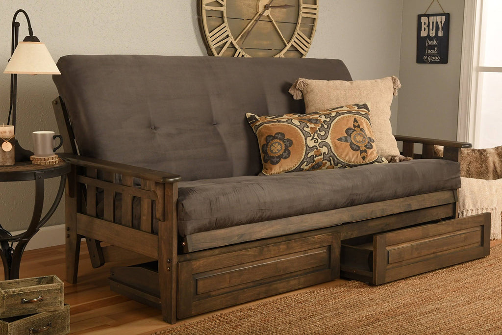 Rustic Walnut Finish Full Futon with Suede Gray Mattress and Storage Drawers K647235